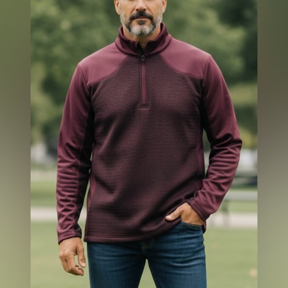 PGA TOUR men’s Textured Long Sleeve Quarter-Zip Sweatshirt burgundy red‎ small